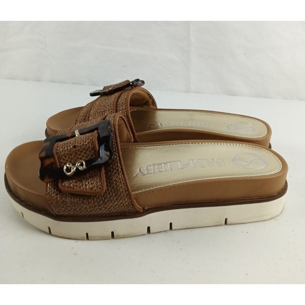 Sam and Libby Womens Slip on Slides Sandals Size 6.5 Platform Khaki Beige Buckle